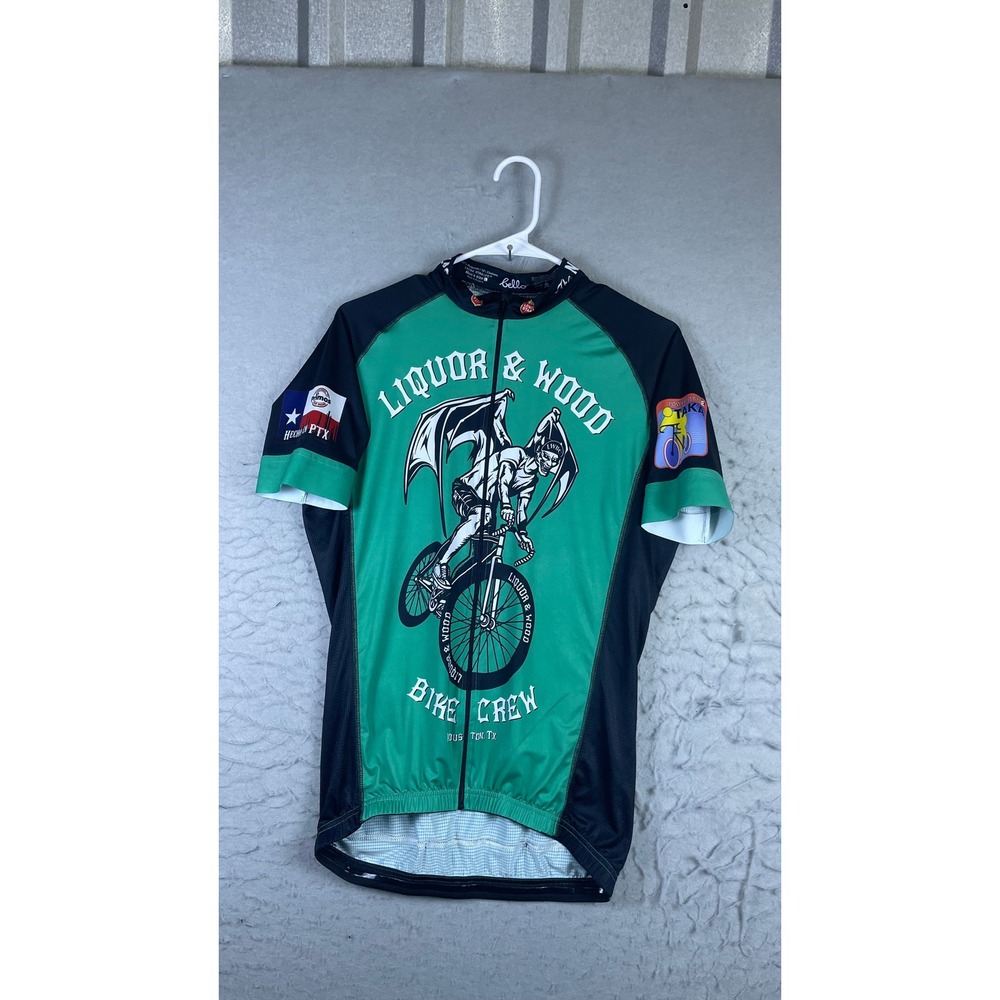 Bello Cycling Jersey Men Large Green Excellent Lone Star Beer Liquor & Wood Crew